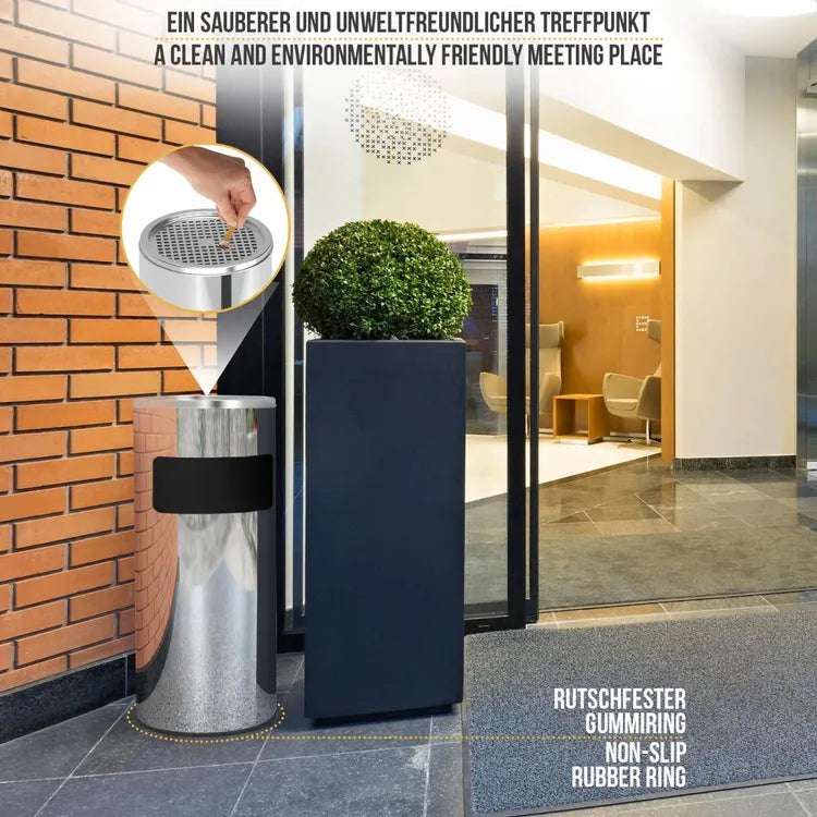 CENDRIER SUR PIED AVEC POUBELLE, 60,5 CM, ACIER INOXYDABLE, ANTIDÉRAPANT, POUR EXTÉRIEUR/INTÉRIEUR, ARGENTÉ